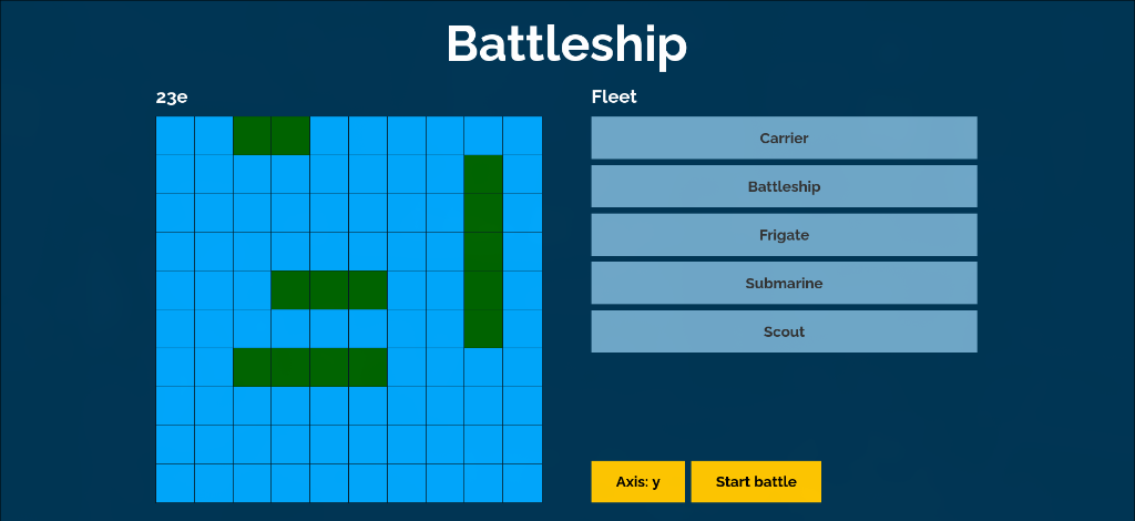 Battleship game interface — Grid board with ship segments and fleet lists