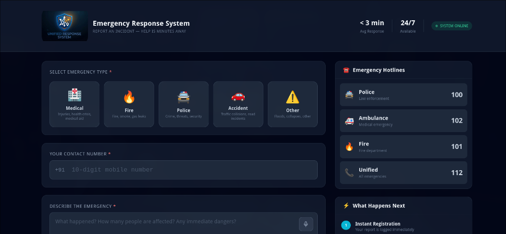 Emergency Response System dashboard — Incident reporting form and hotlines list